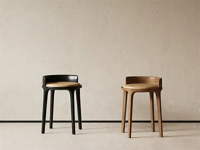 Simple Modern Black and Brown Wooden Stools Against Light Neutral Wall 3d model