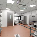 Commercial Kitchen Interior With Stainless Steel Worktables Storage Racks And Bright Ceiling Lights