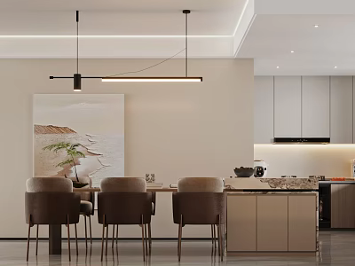 Modern Dining Living Room Interior With Dining Table Chairs Pendant Light And Decorative Painting 3d model