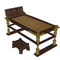 Traditional Wooden Lounge Chair With Woven Seat Brass Accent Legs And Matching Small Stool