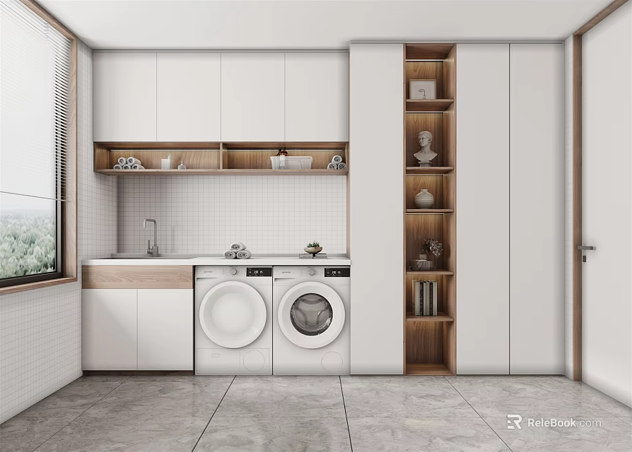 Modern Laundry Room Interior Design With White Cabinets Wooden Shelves And Washing Machines 3d model 