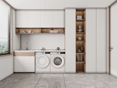 Modern Laundry Room Interior Design With White Cabinets Wooden Shelves And Washing Machines 3d model