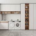 Modern Laundry Room Interior Design With White Cabinets Wooden Shelves And Washing Machines