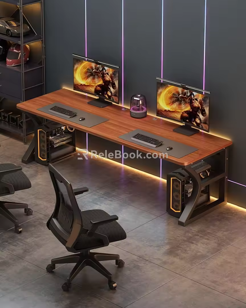 Modern Computer Table and Chair Combination Double Solid Wood Computer Table Night View E-sports Table 3d model