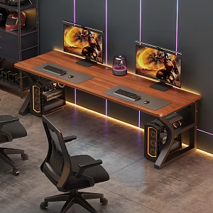 Modern Computer Table and Chair Combination Double Solid Wood Computer Table Night View E-sports Table 3d model