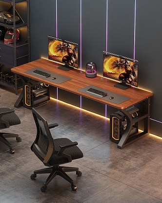 Modern Computer Table and Chair Combination Double Solid Wood Computer Table Night View E-sports Table 3d model