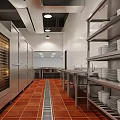 Commercial Kitchen Interior With Stainless Steel Worktables Range Hoods And Hanging Lights