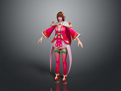Elegant 3D Female Character In Red Traditional Costume With Golden Decorations And Hairstyle Accessories 3d model