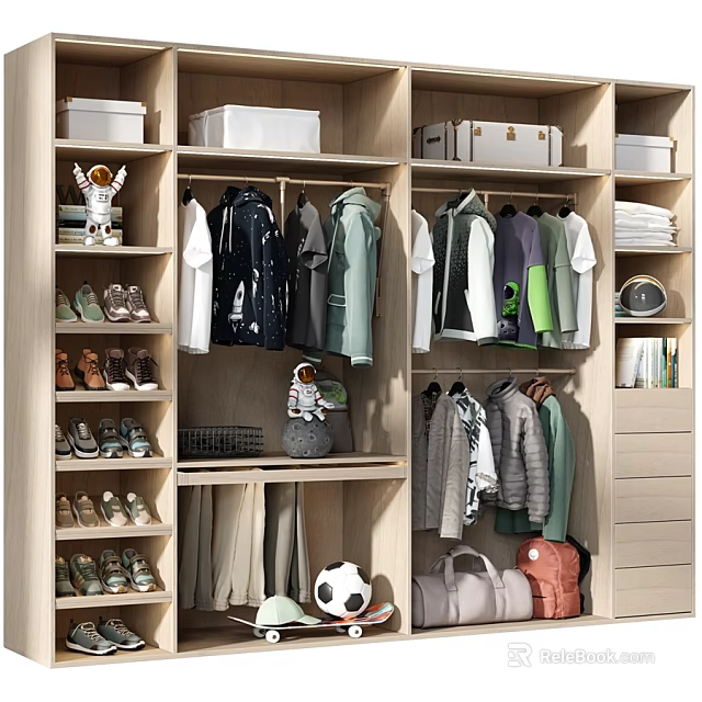 Spacious Light Wooden Wardrobe With Multifunctional Storage Zones For Storing Clothes Shoes And Daily Items 3d model 