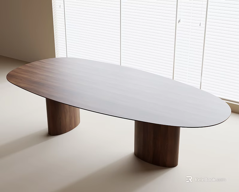 Modern Minimalist Dining Table With Oval Wooden Tabletop And Solid Wood Legs In Bright Room 3d model 
