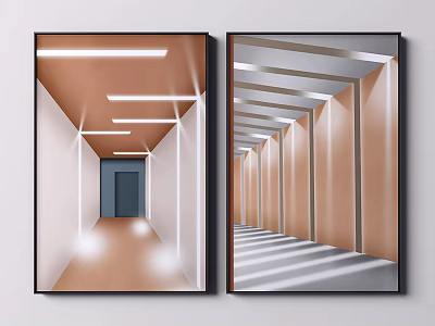 Modern Corridor Decorative Artworks With Warm Tones Lighting Shadows And Wooden Design 3d model