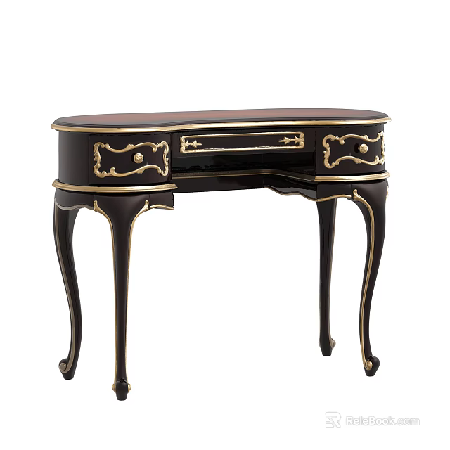 Classical Black Dressing Table With Gold Accents Curved Legs And Drawers 3d model 