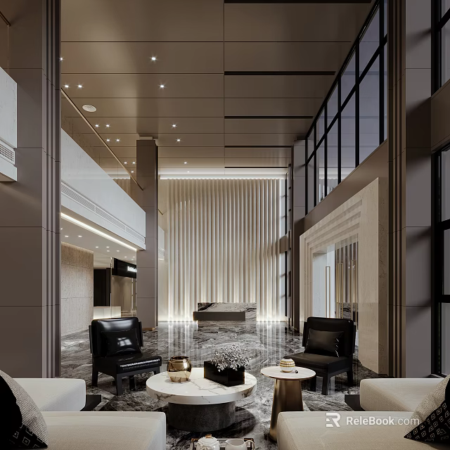 Modern Luxury Lobby Reception Area With Marble Floor Leather Sofas And Floor To Ceiling Windows 3d model 