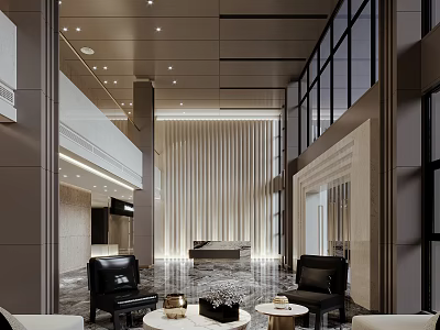 Modern Luxury Lobby Reception Area With Marble Floor Leather Sofas And Floor To Ceiling Windows 3d model