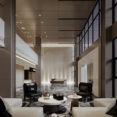 Modern Luxury Lobby Reception Area With Marble Floor Leather Sofas And Floor To Ceiling Windows 3d model
