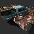 Rusted Abandoned Trucks With Damaged Parts In Junkyard Blue And Yellow