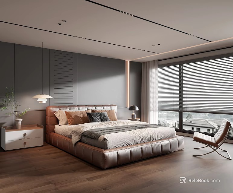 Modern Bedroom Interior With Leather Bed Nightstand Table Lamp Gray Walls And Wooden Floor 3d model 