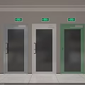 Colored Interior Doors With Glass Panels And Green Signs Above Them