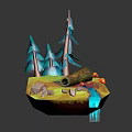 Blue Pine Trees On Floating Island With Wooden Log Red Mushrooms And Water Stream