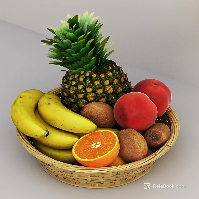 Fresh Assorted Fruits in Wicker Basket with Pineapple Banana Kiwi Peach and Orange 3d model 