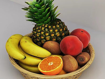 Fresh Assorted Fruits in Wicker Basket with Pineapple Banana Kiwi Peach and Orange 3d model