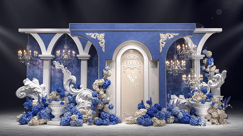 Elegant Blue And Gold Wedding Setup With Ornate Arches Chandeliers And Flower Arrangements 3d model 
