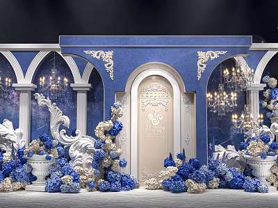 Elegant Blue And Gold Wedding Setup With Ornate Arches Chandeliers And Flower Arrangements 3d model