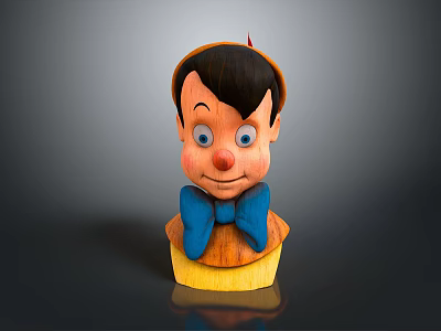 Wooden Doll Decoration With Black Hair Big Eyes Red Nose Blue Bow Tie Yellow Base 3d model