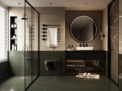 Modern Bathroom Interior With Glass Shower Enclosure Round Mirror Dark Vanity And Green Walls 3d model