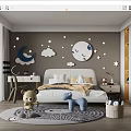 Cozy Children's Room With Moon Star Cloud Decor White Bed Plush Toys And Round Carpet