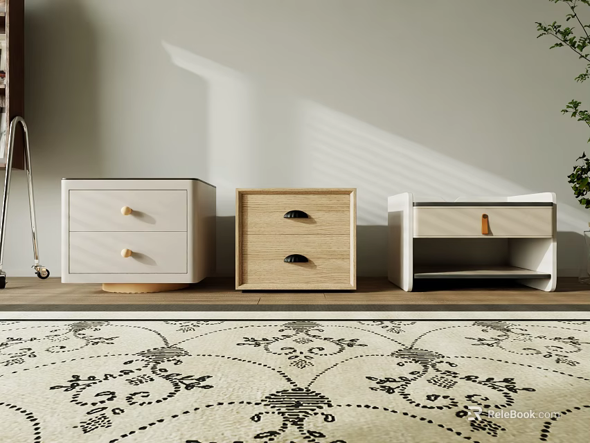 Modern Bedside Tables With Three Different Designs Drawers And Natural Light On Patterned Rug 3d model 
