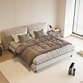 Modern Double Bed With Cozy Bedding Bedside Lamps Window Blinds And Light Wooden Floor