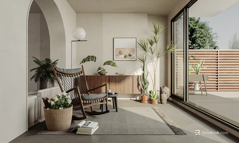 Cozy Home Balcony Design With Rocking Chair Green Plants And Natural View 3d model 