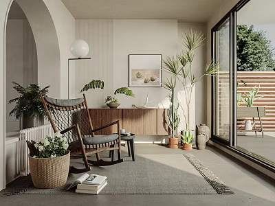 Cozy Home Balcony Design With Rocking Chair Green Plants And Natural View 3d model