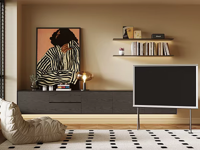 Modern Dark Gray TV Stand With Wall Art Floating Shelves Books Decor TV And Rug 3d model