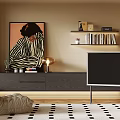 Modern Dark Gray TV Stand With Wall Art Floating Shelves Books Decor TV And Rug