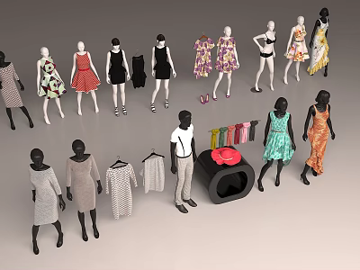 Two Person Fashion Mannequin Display With Various Dresses Shirts And Garments 3d model Two Person Fashion Mannequin Display With Various Dresses Shirts And Garments 3d model