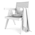 Wooden Frame Leisure Chair With Rattan Backrest Green Striped Cushion And Dark Blanket