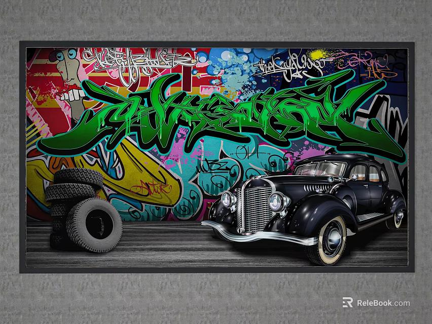 Colorful Graffiti Wall Background With Classic Vintage Car And Tire 3d model 