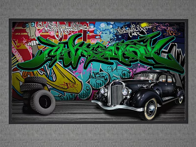 Colorful Graffiti Wall Background With Classic Vintage Car And Tire 3d model