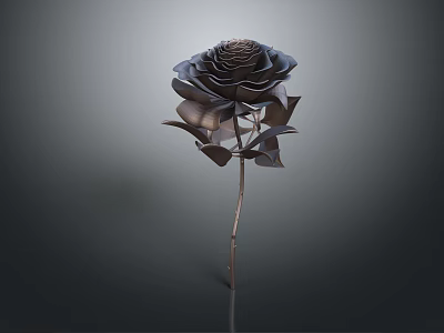 Black Rose with Stem and Leaves on Dark Background with Reflection 3d model