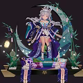 Game Anime Character Silver Haired Purple Blue Outfit On Moon Crescent With Bamboo Lantern And Rabbit