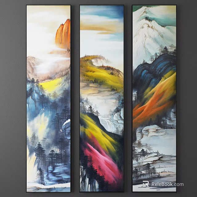 Chinese Style Three Panel Oil Painting Mountain Landscape With Vibrant Colors Pine Trees And Mist 3d model 