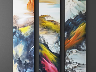 Chinese Style Three Panel Oil Painting Mountain Landscape With Vibrant Colors Pine Trees And Mist 3d model