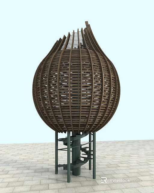 Brown Woven Spherical Garden Ornament With Spiral Metal Base Structure 3d model