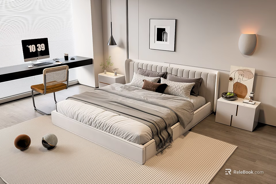 Modern Double Bed Interior With White Headboard Gray White Bedspread Gray Blanket Nightstand And Lamp 3d model 