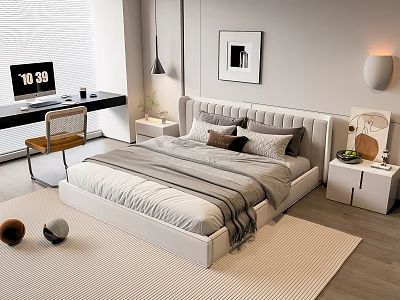 Modern Double Bed Interior With White Headboard Gray White Bedspread Gray Blanket Nightstand And Lamp 3d model
