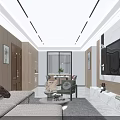 Modern Living and Dining Room Interior With Open Layout Sofa Coffee Table TV Wall Marble Lighting