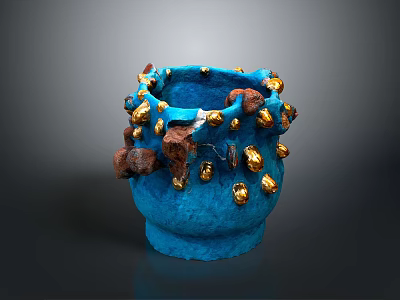 Blue Sculptural Vessel with Gold and Brown Ornate Decorative Elements Textured Surface Artistic Carving Design 3d model