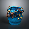 Blue Sculptural Vessel with Gold and Brown Ornate Decorative Elements Textured Surface Artistic Carving Design